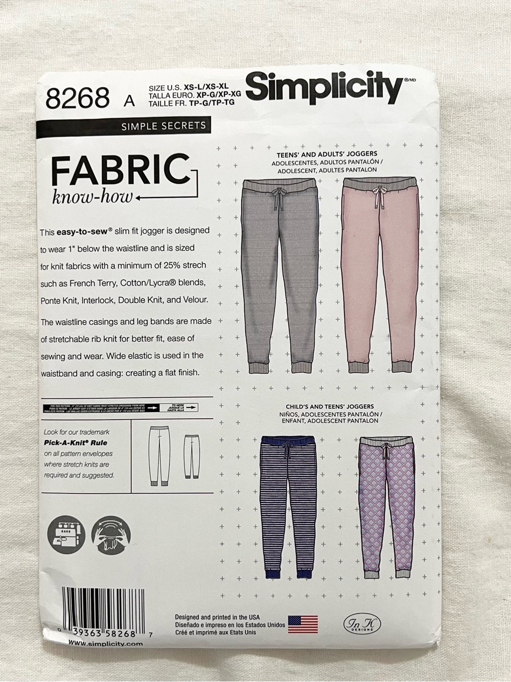 Simplicity 8268 Jogger Pants Sewing Pattern Kids Teens Adults XS-XL